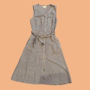 Blue and white striped midi dress with belted waist and pockets